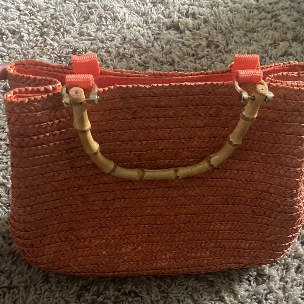 Orange Woven Handbag with Bamboo Handles